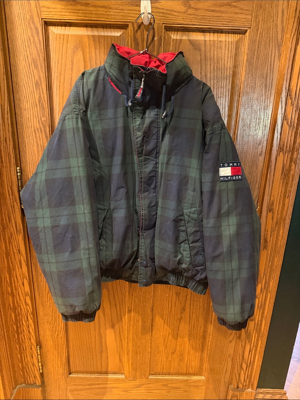 Tommy Hilfiger Green and Black Plaid Puffer Jacket with Red Lining